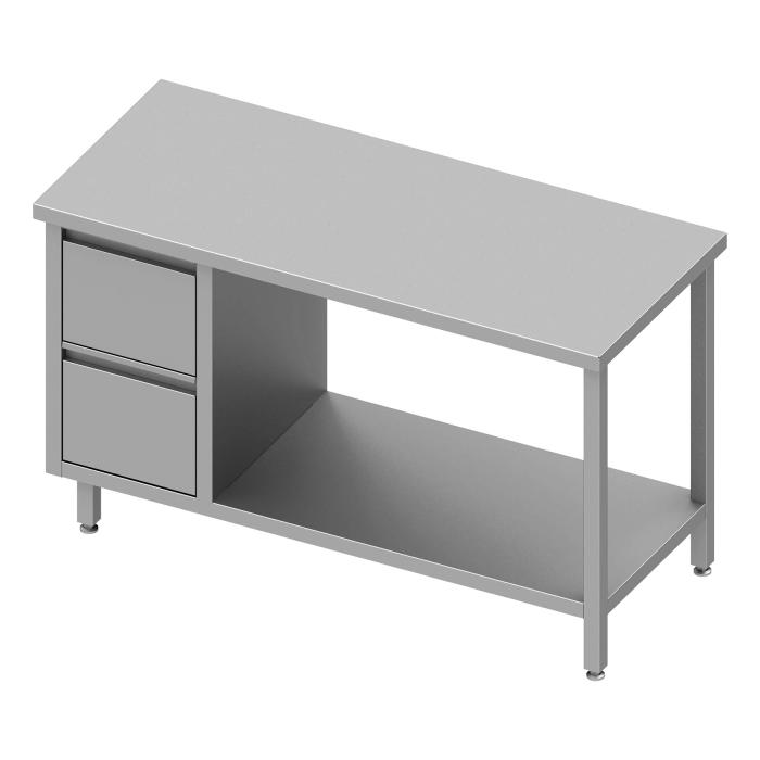 RVS Werktafel - Met Onderschap - 2 Lades Links RVS-M-00313 €890.00 Open rvs werktafels
